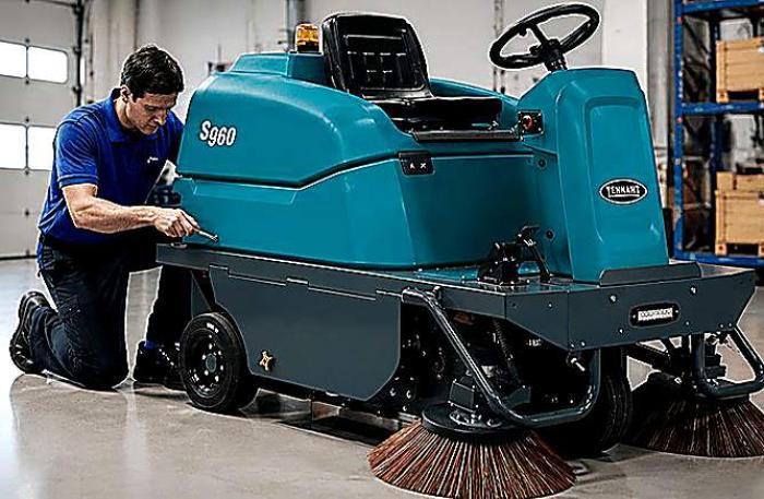 Técnico arreglando Barredora Tennant S960